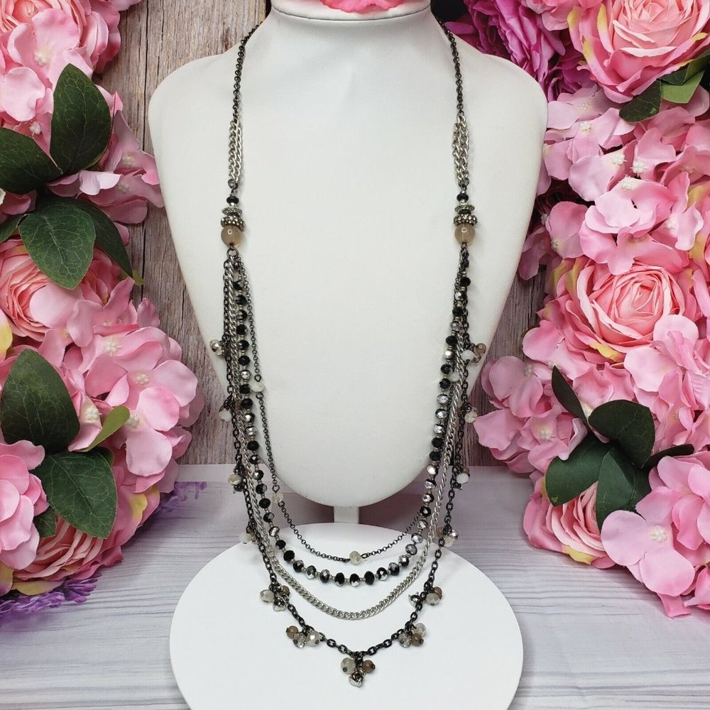 LOFT Rhinestone Gray White Glass Beaded Silver Tone Chain Necklace 32" Long